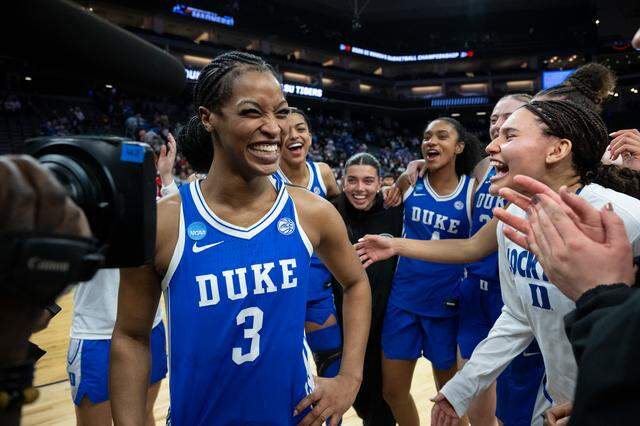 Duke Blue Devils guard Ashlon Jackson is all smiles after her game-winning shot over the Louisiana State University Tigers during the NCAA Women’s Basketball Tournament Sweet 16 game at Golden 1 Center in Sacramento on Friday.